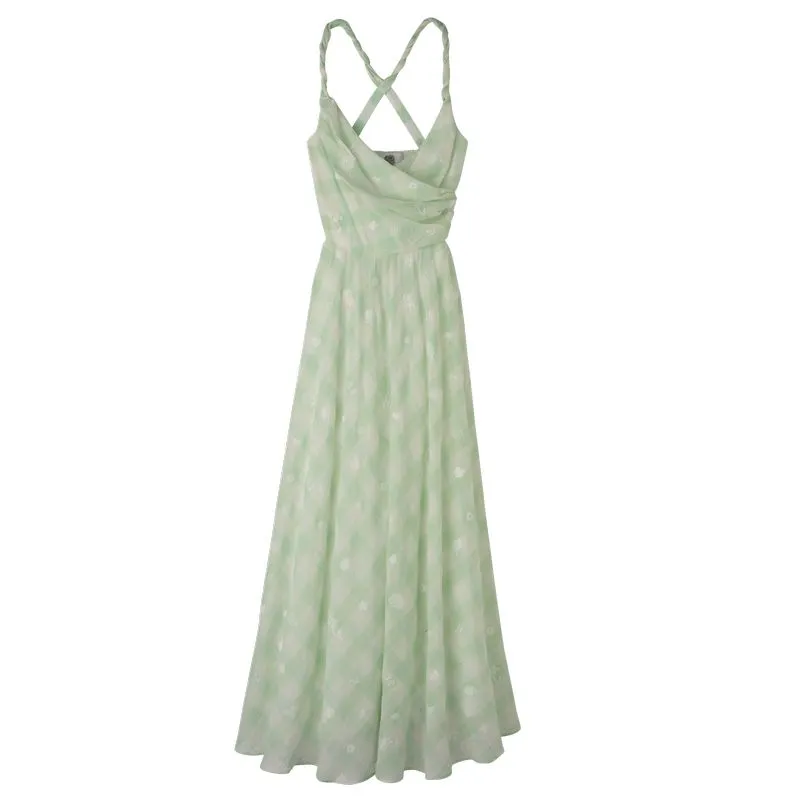 Long dress Aqua Green - Vichy jacquard embroidered
