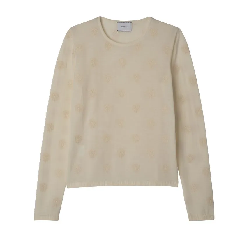Round neck sweater Ecru - Embroidered knit